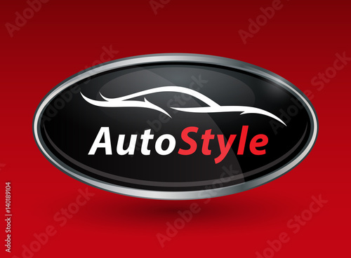 Concept auto vehicle dealership logo design of black and silver chrome badge icon on red background with white sports car silhouette. Vector illustration.