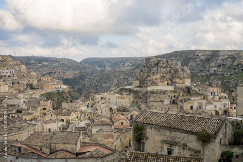 Panoramic view of Matera. Sassi and canyon in a cloudy day