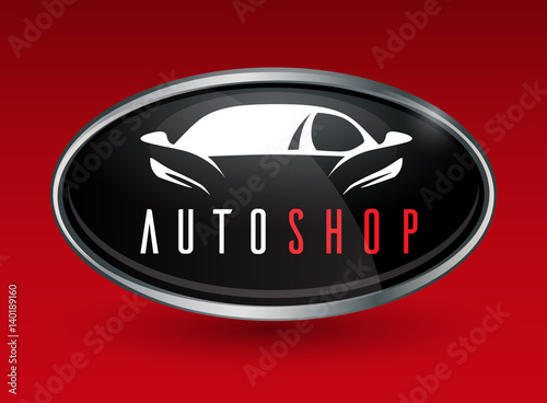 Concept auto vehicle dealership logo design of black and silver chrome badge icon on red background with white sports car silhouette. Vector illustration.