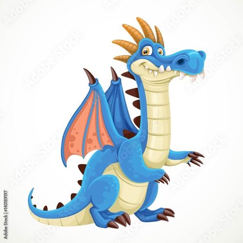 Cute cartoon blue dragon isolated on a white background