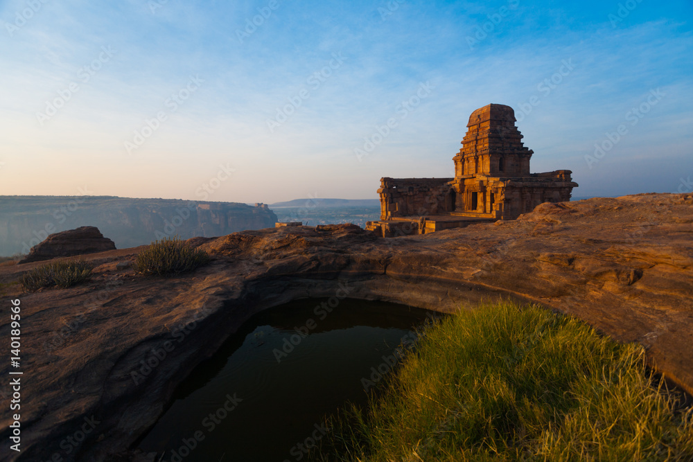 Malegitti Shivalaya Cave Temple on Cliff at Badami, India Stock Photo