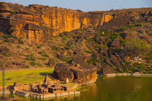 High Angle Bhutanatha Group Temples and Water Tank in Badami, India photo