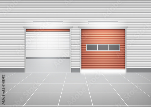 Storefront or shopfront is a facade or commercial building. Exterior with door and floor or entryway for retail shop or store. Protection with security shutter or roller door. Vector illustration.