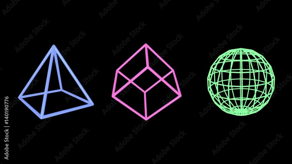3D Animation - Pink pyramid, blue cube and green sphere edges rotating on black background 