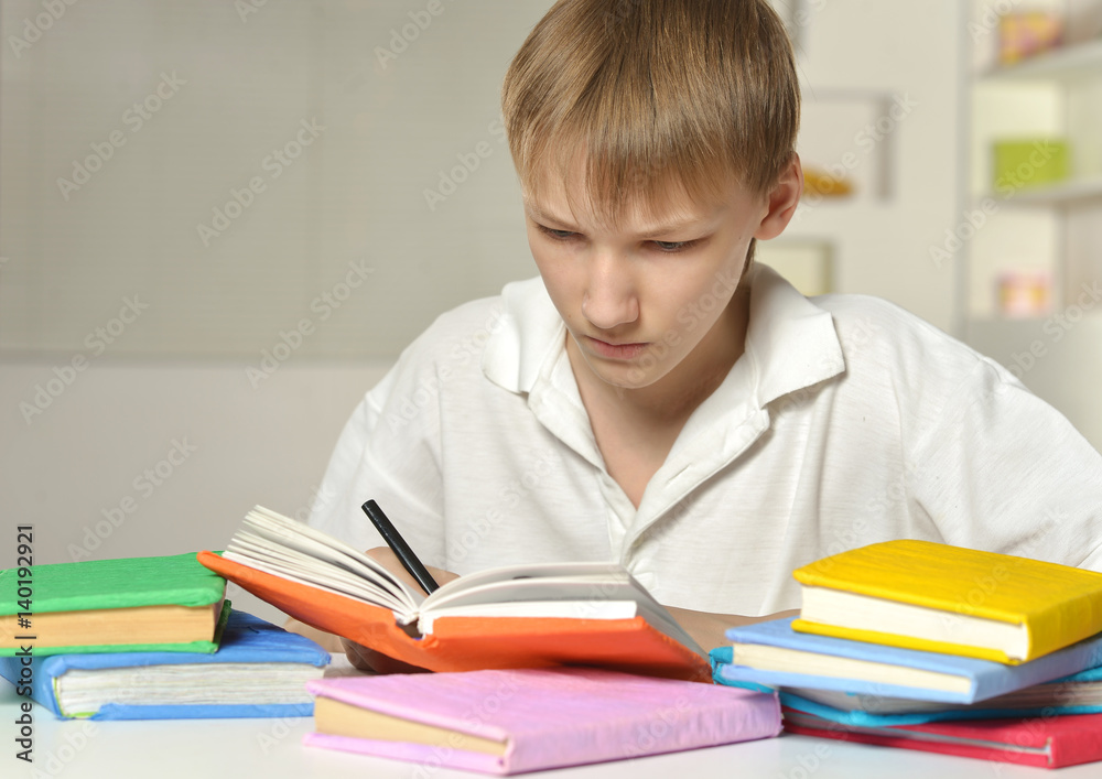 Boy with glasses and books making lessons Boy with glasses and books making lessons