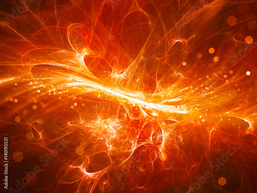 Fiery glowing high energy plasma field in space with particles