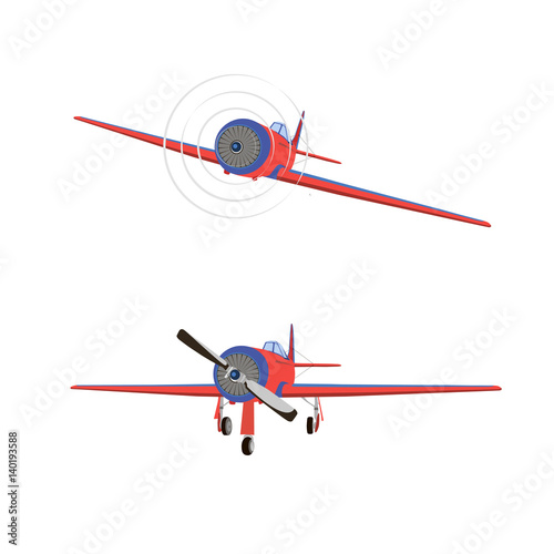 Fotografia Vector flat illustration of a propeller aircraft in static and in flight on a wh