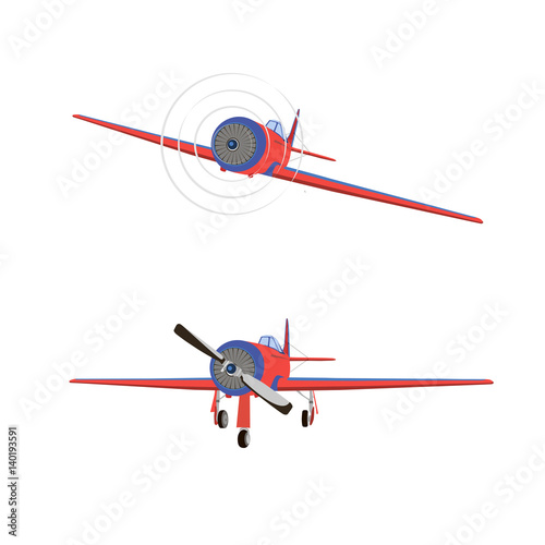 Vector flat illustration of a propeller aircraft in static and in flight on a white background