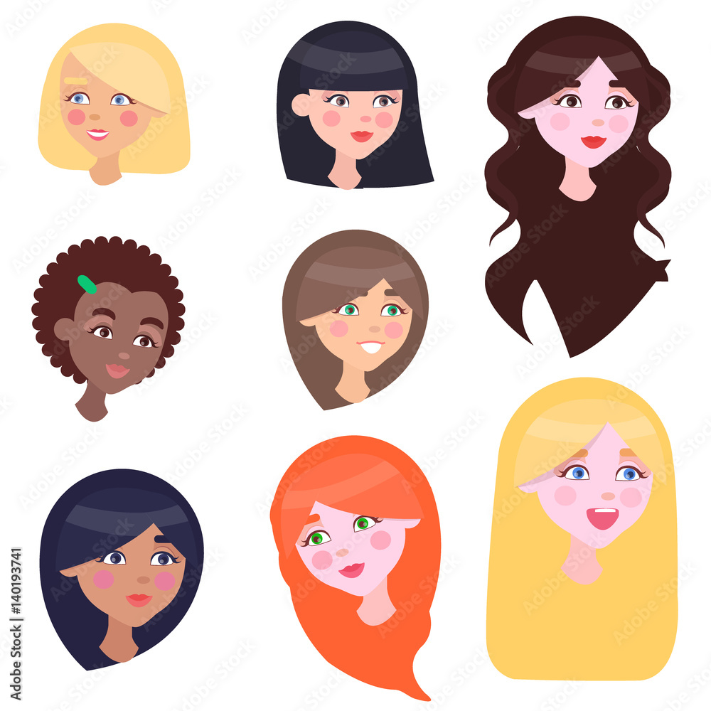 Women Faces Set with Long and Short Hairstyles Women Faces Set with Long and Short Hairstyles