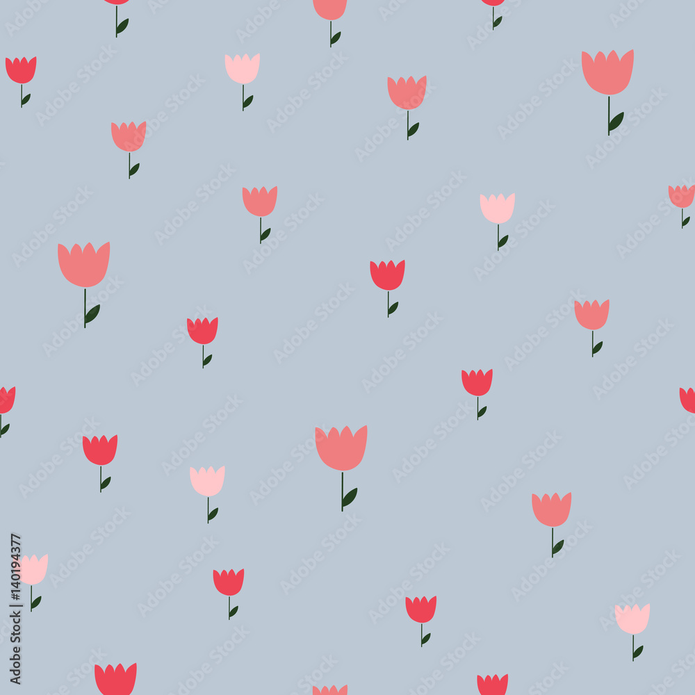 Seamless pattern tulips on gray background. Spring wrapping paper. Hand drawn Vector illustration. Nature texture.