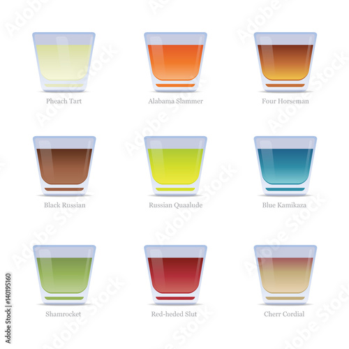 Set of colorful alcoholic cocktails in shot glasses