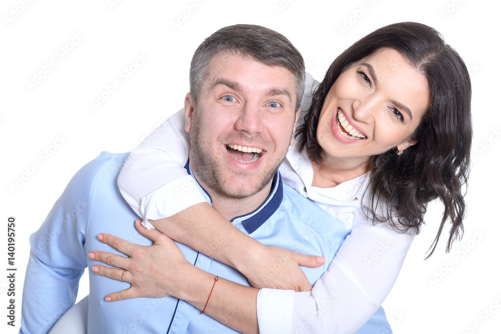 Happy young couple on a white background Happy young couple on a white background