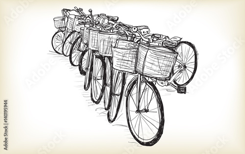 Sketch row of bicycle for sell or rent , free hand draw illustration vector