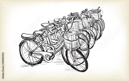 Sketch row of bicycle for sell or rent , free hand draw illustration vector