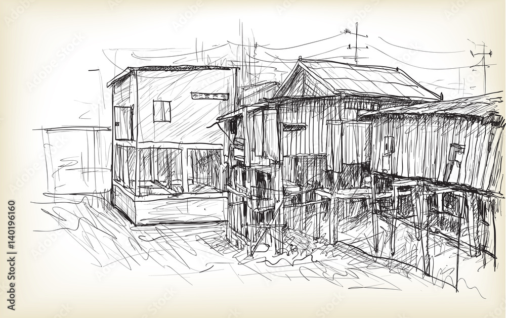 sketch of townscape in Phnom Penh slum wood house, free hand draw illustration vector