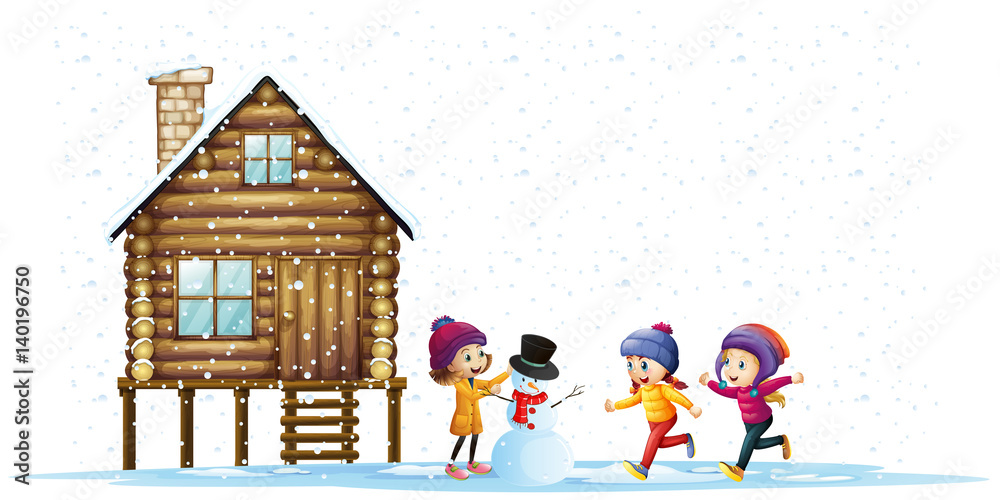 Children playing in snow by the hut Children playing in snow by the hut