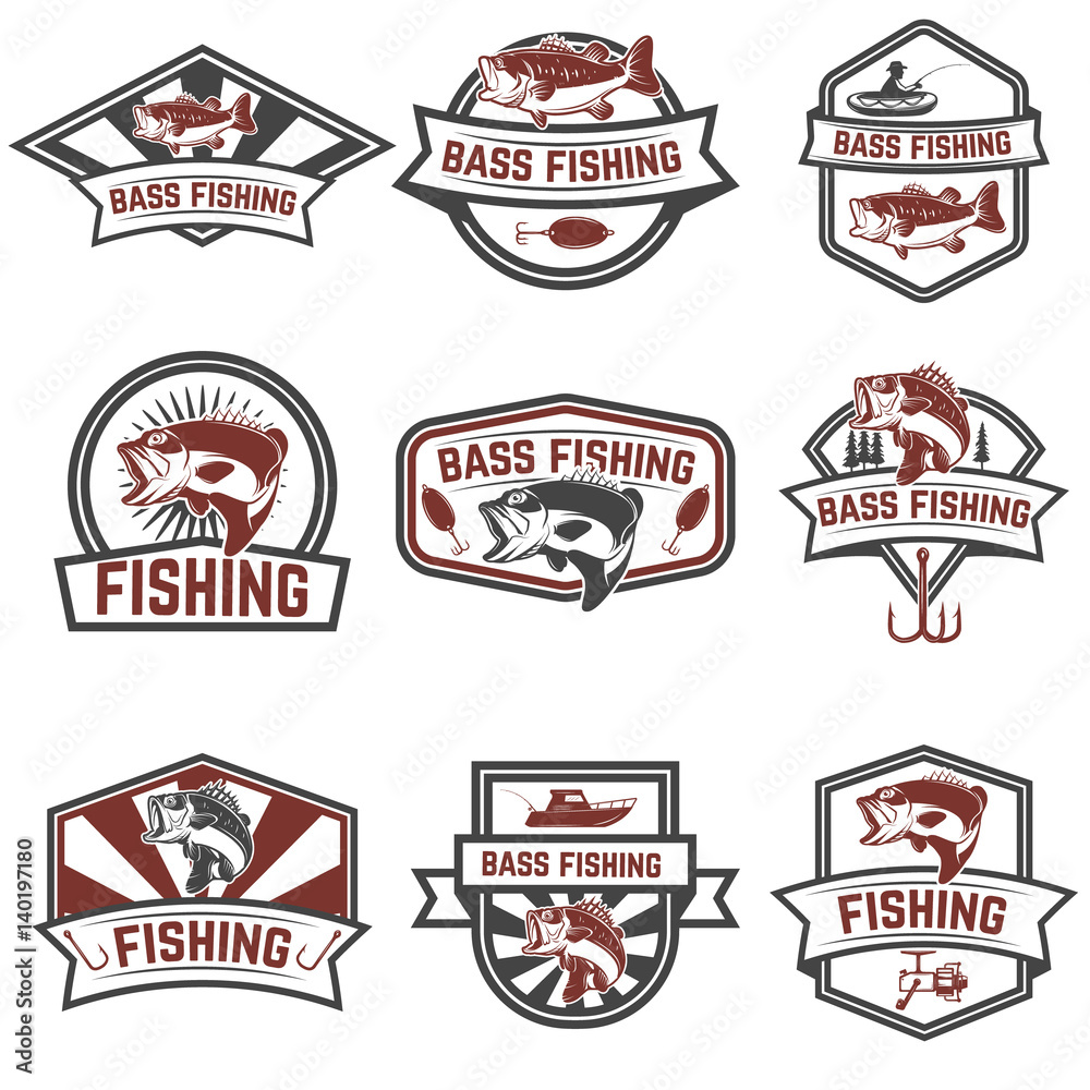 Set of bass fishing emblem templates isolated on white background. Design elements for logo, label, sign. Vector illustration