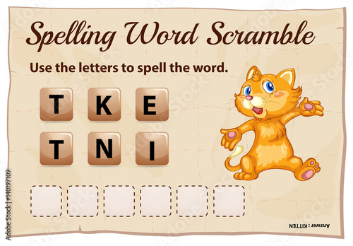Spelling word scramble game with word  kitten