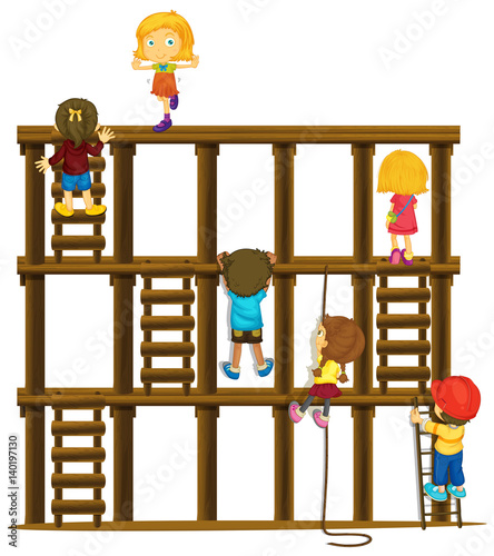 Children climbing up the wooden ladders