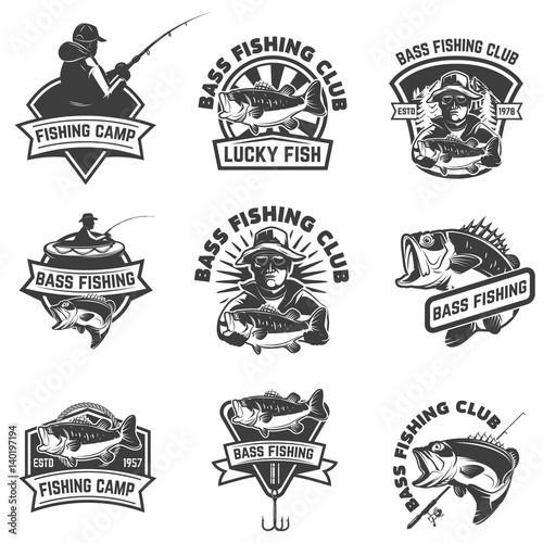 Set of bass fishing emblem templates isolated on white background. Design elements for logo, label, sign. Vector illustration