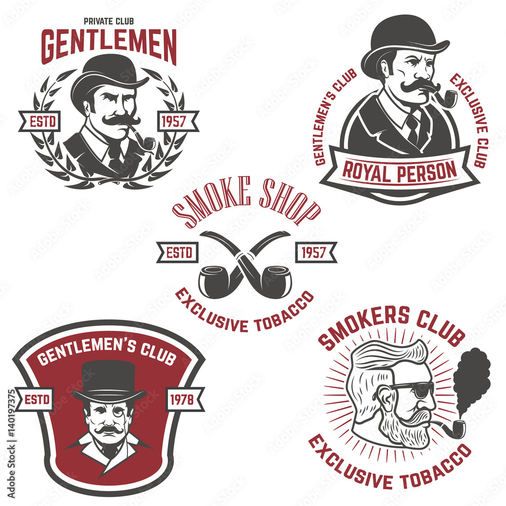 Naklejka premium Set of smokers club, gentlemen club labels. Design elements for logo, emblem, sign, brand mark. Vector illustration.