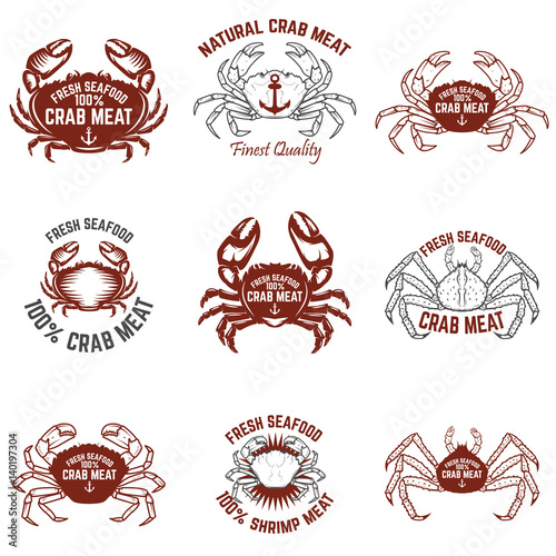 Set of crab meat labels. Fresh seafood. Design elements for logo, label, emblem, sign. Vector illustration.