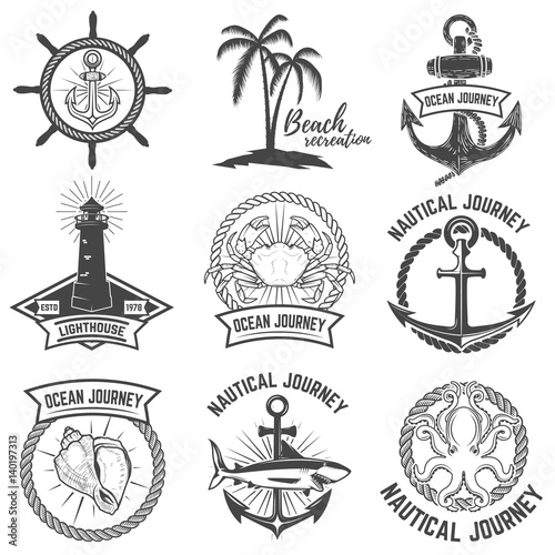 Set of nautical emblems isolated on white background. Design elements for logo, label, sign. Vector illustration.