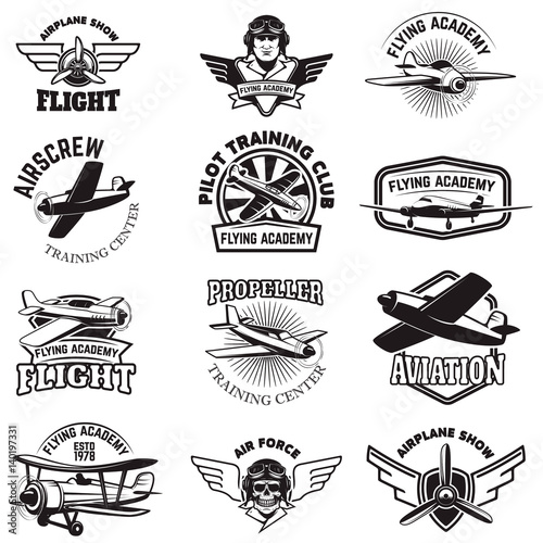 Set of air force, airplane show, flying academy emblems. Vintage planes. Design elements for logo, badge, label. Vector illustration.