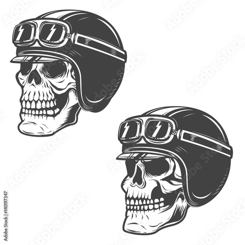 Set of racer skulls isolated on white background. Design elements for logo, label, emblem, poster, t-shirt. Vector illustration.