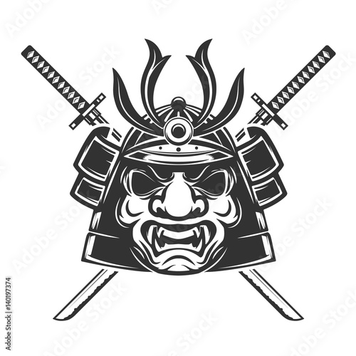 Samurai mask with crossed swords isolated on white background. Design elements for logo, label, emblem, sign, brand mark. Vector illustration.