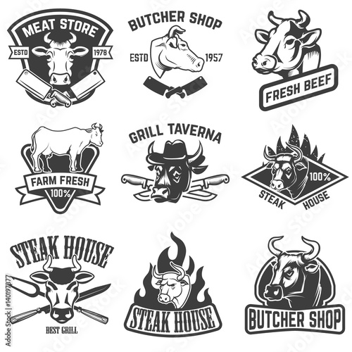 set of beef meat, steak house emblems. Design elements for logo, label, sign. Vector illustration