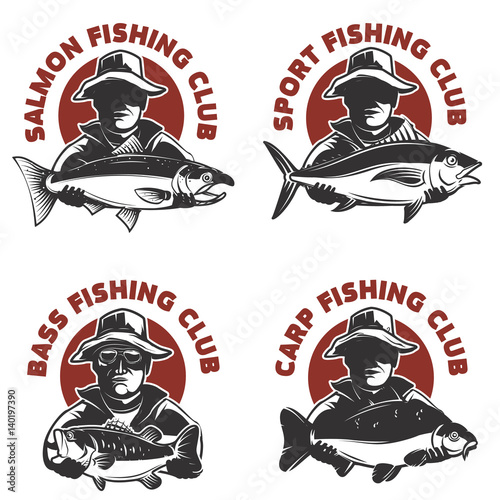 Set of fishing club labels templates. Fisherman silhouette with fish. Design elements for logo, emblem, sign, brand mark. Vector illustration.
