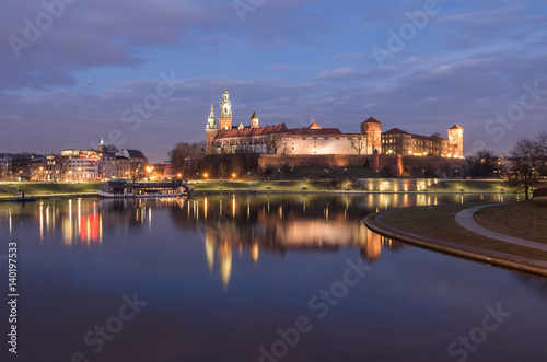 Krakow  Poland  Wawel Castle and Wawel cathedral over Vistula river in the night