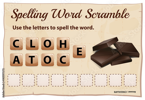 Spelling word scramble game with word chocolate