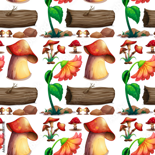 Seamless background with mushroom and logs