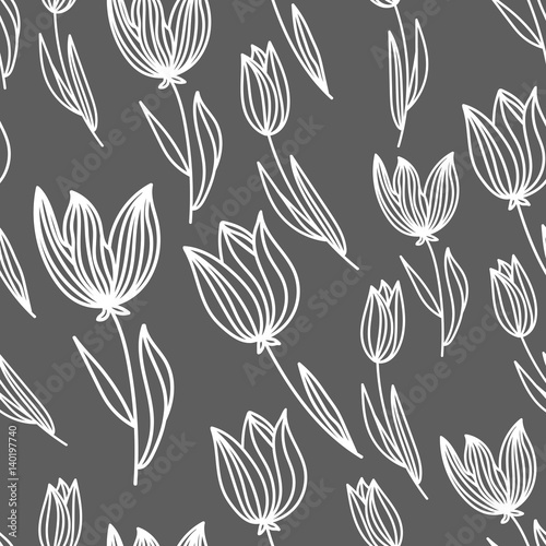 Fototapeta Naklejka Na Ścianę i Meble -  Hand drawn graphic Tulip seamless pattern  vector gray background.  spring wrapping paper.