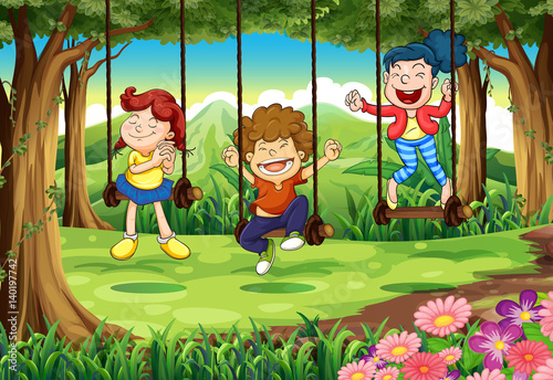 Three kids on swings in the woods