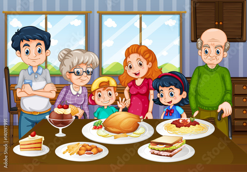 Family having meal together in dining room