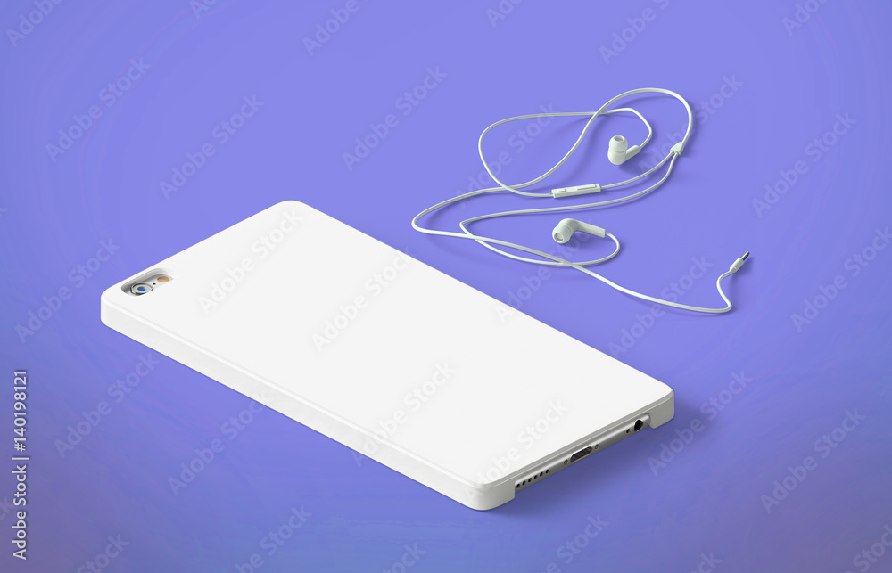 Phone in case. Colorful background. Perspective phone with headphones Phone in case. Colorful background. Perspective phone with headphones