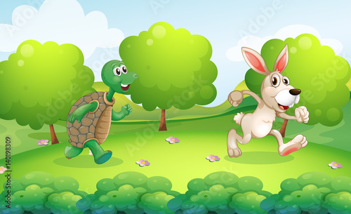 Turtle and rabbit running in park