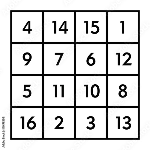 4x4 magic square of order 4 of astrological planet Jupiter with magic constant 34. The sum of numbers in any row, column, or diagonal is always thirty-four. Black and white illustration. Vector.