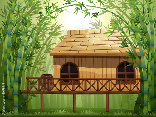 Wooden cabin in bamboo forest
