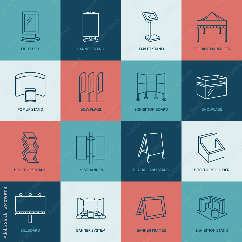 Advertising exhibition banner stands, display line icons. Brochure