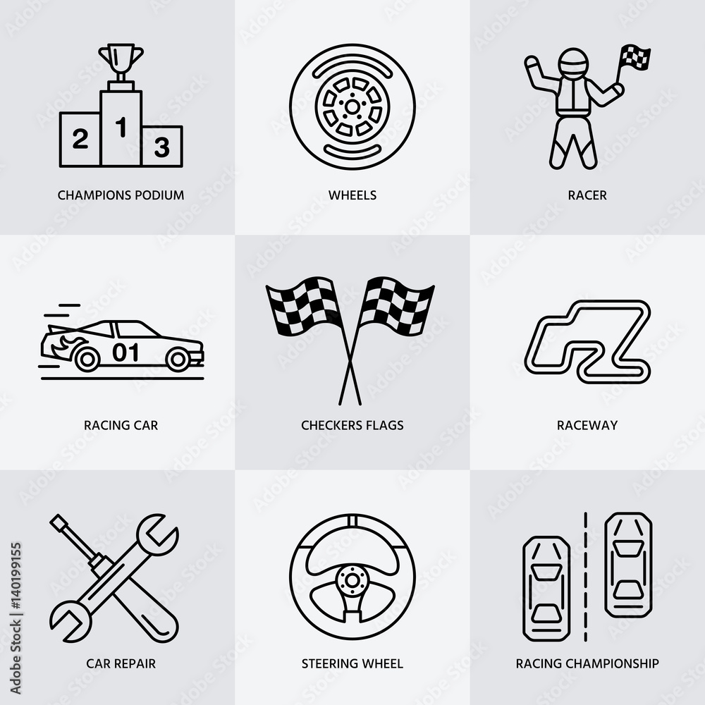 Pictogram Rode Racing Car Car racing vector line icons. Speed auto championship signs - track ...