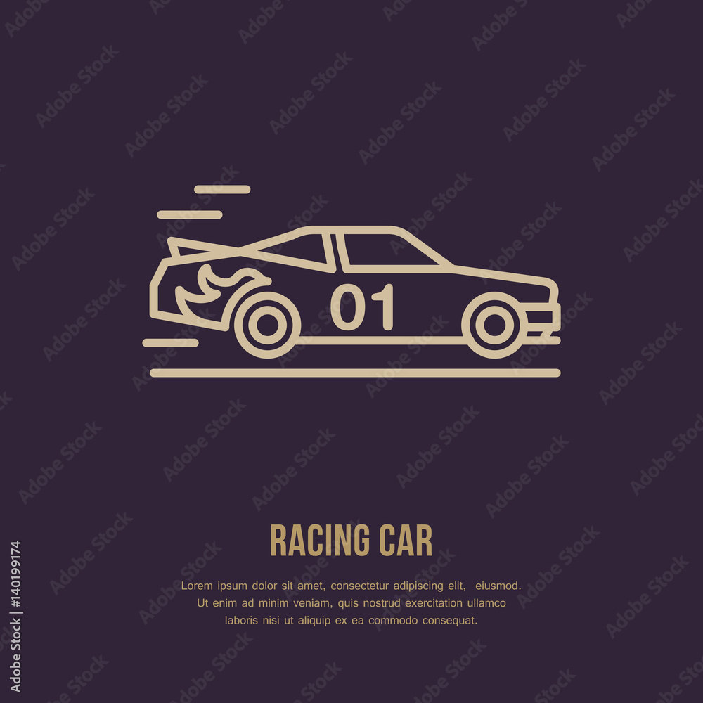Racing sport car vector line icon. Speed automobile logo, driving lessons sign. Auto championship illustration.