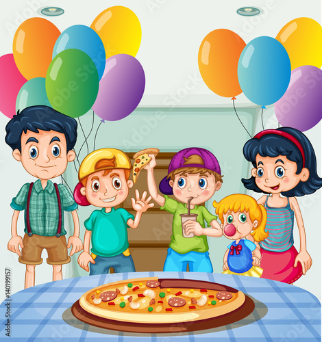 Kids eating pizza at party