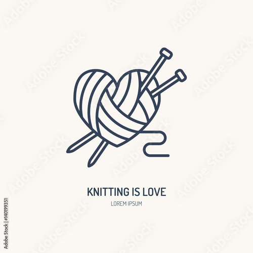 Knitting shop line logo. Yarn store flat sign, illustration of wool skeins with knitting needles.