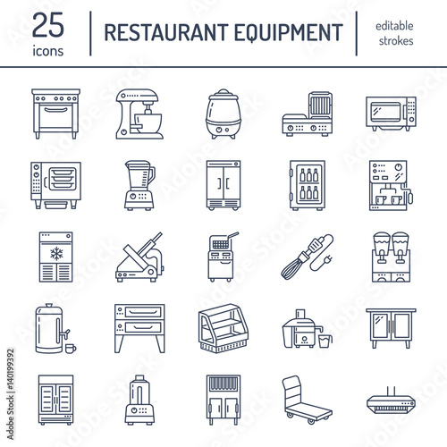 Restaurant professional equipment line icons. Kitchen tools, mixer, blender, fryer, food processor, refrigerator, steamer, microwave oven. Thin linear signs for commercial cooking equipment store.