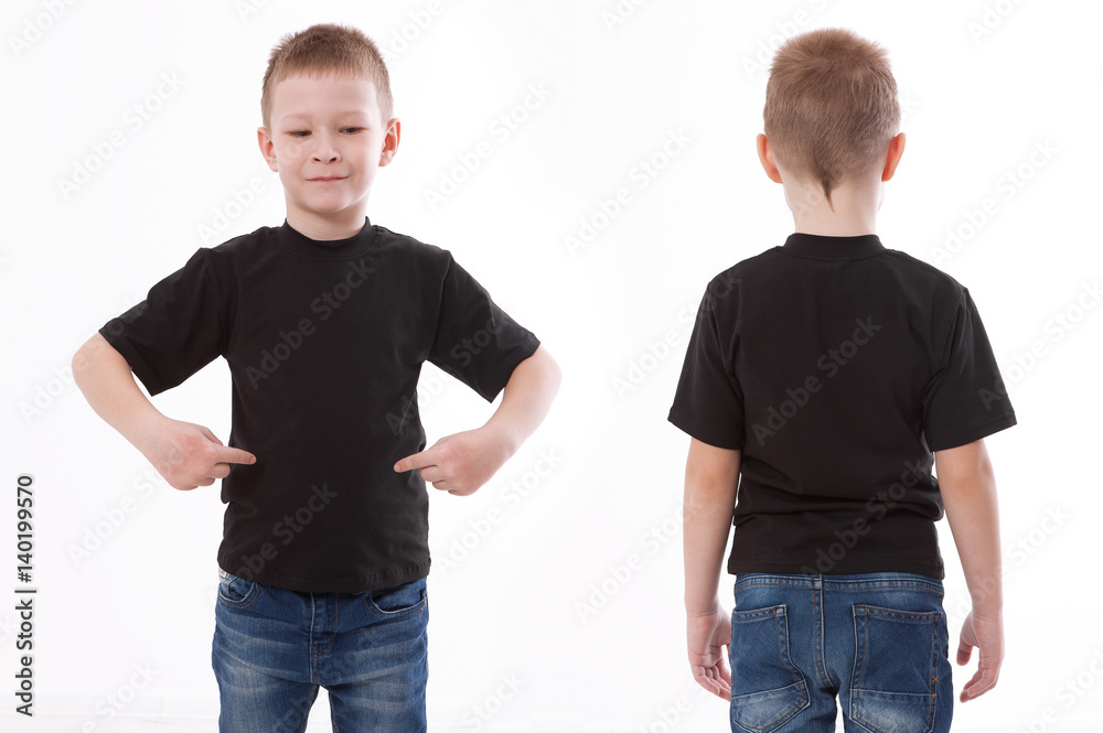 Shirt design and people concept - close up of young man in blank black tshirt front and rear isolated. Mock up template for design print Shirt design and people concept - close up of young man in blank black tshirt front and rear isolated. Mock up template for design print