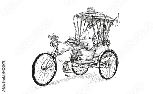 old bick and tricycle bicycle man lie down and sleeping, sketch free hand draw vector illustration
